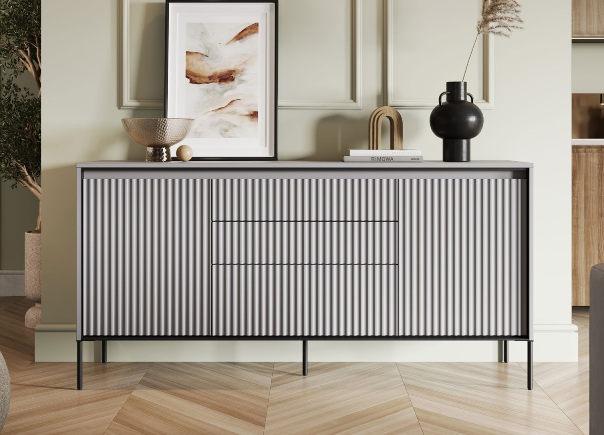 Buffet moderne gris et noir avec 3 tiroirs et 2 portes