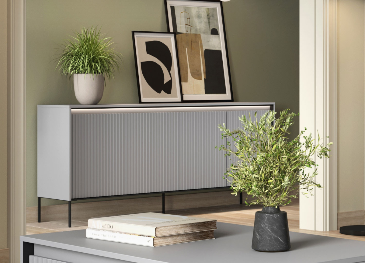 Buffet moderne 4 portes gris et pieds noir avec led