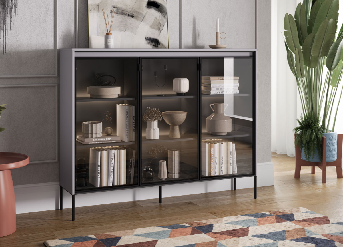 Buffet vitré 3 portes en verre fumé