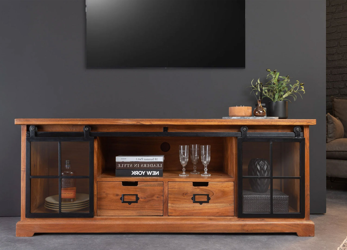 Meuble télé bois massif style officine 160 cm