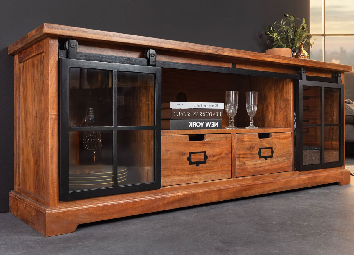 Meuble tv en acacia et métal noir avec portes coulissantes