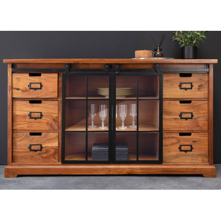 Buffet industriel style officine en acacia massif et métal noir