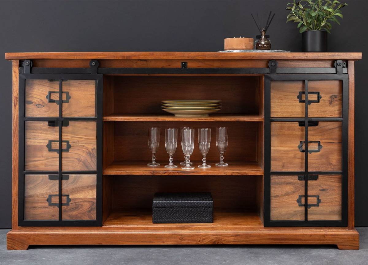 Buffet industriel avec portes coulissantes et tiroirs