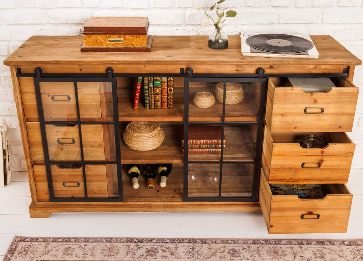 Buffet industriel style officine 6 tiroirs et 2 portes coulissantes