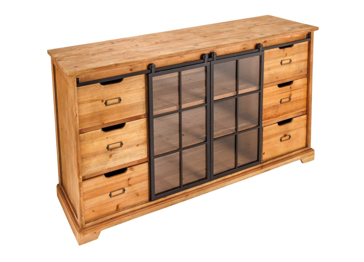 Meuble buffet rétro style officine en pin verre et métal
