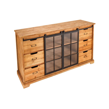Meuble buffet rétro style officine en pin verre et métal
