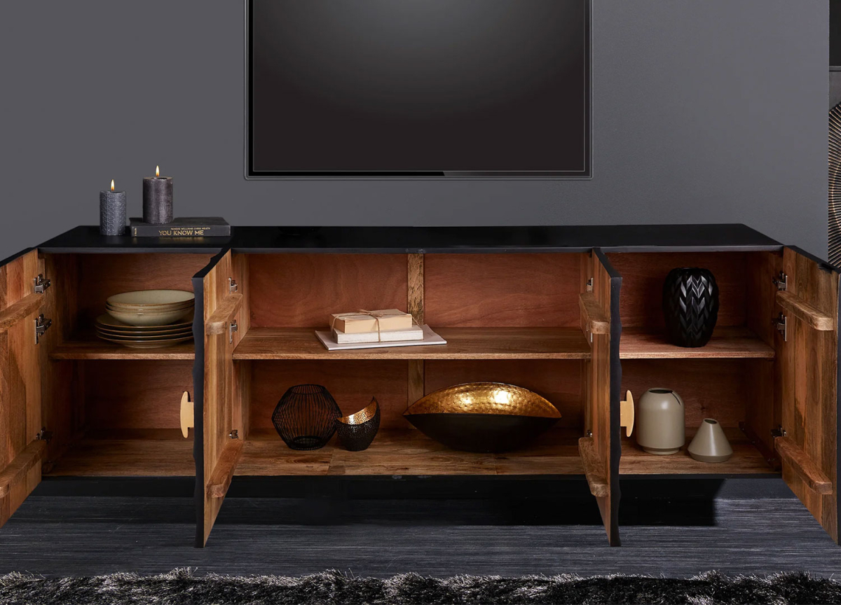Buffet suspendu 4 portes en manguier noir et naturel