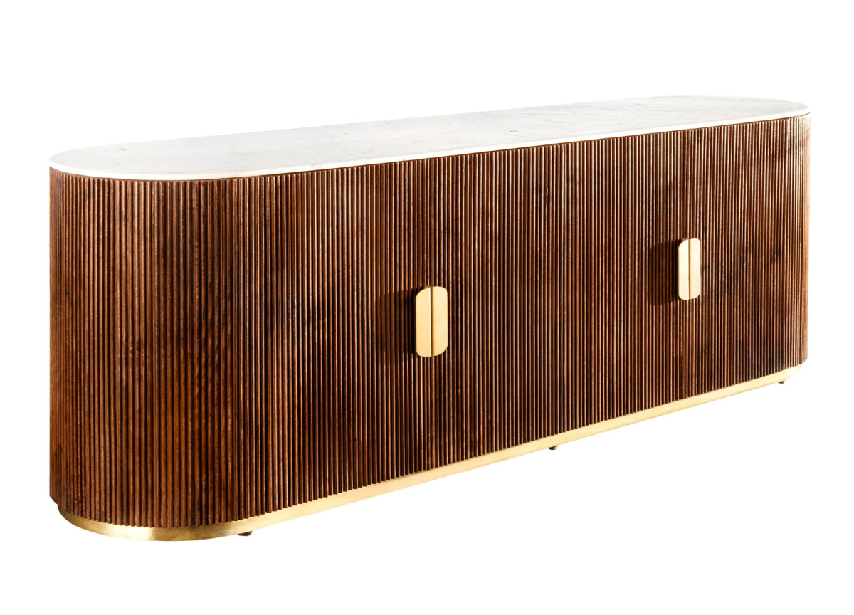 Meuble buffet 4 portes en manguier rainuré et plateau en marbre blanc