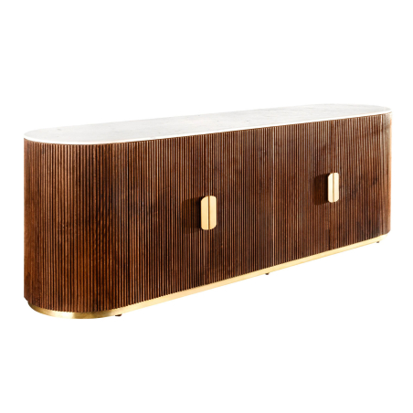 Meuble buffet 4 portes en manguier rainuré et plateau en marbre blanc