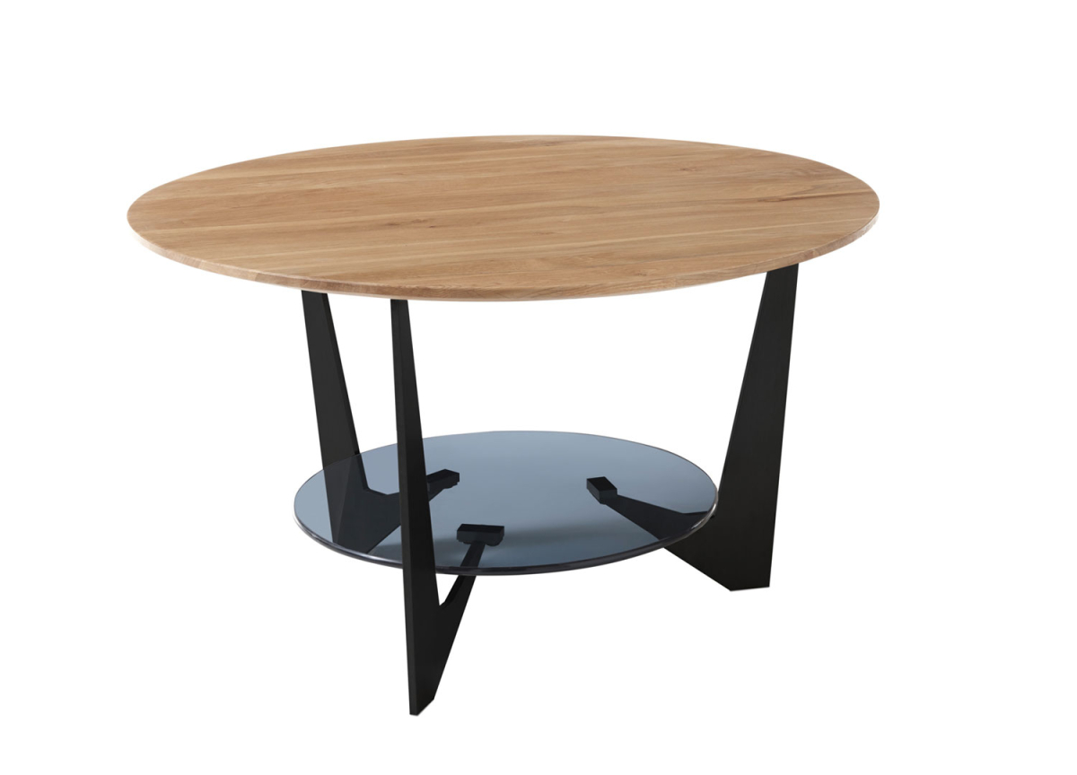 Table de salon ronde en bois massif métal et verre