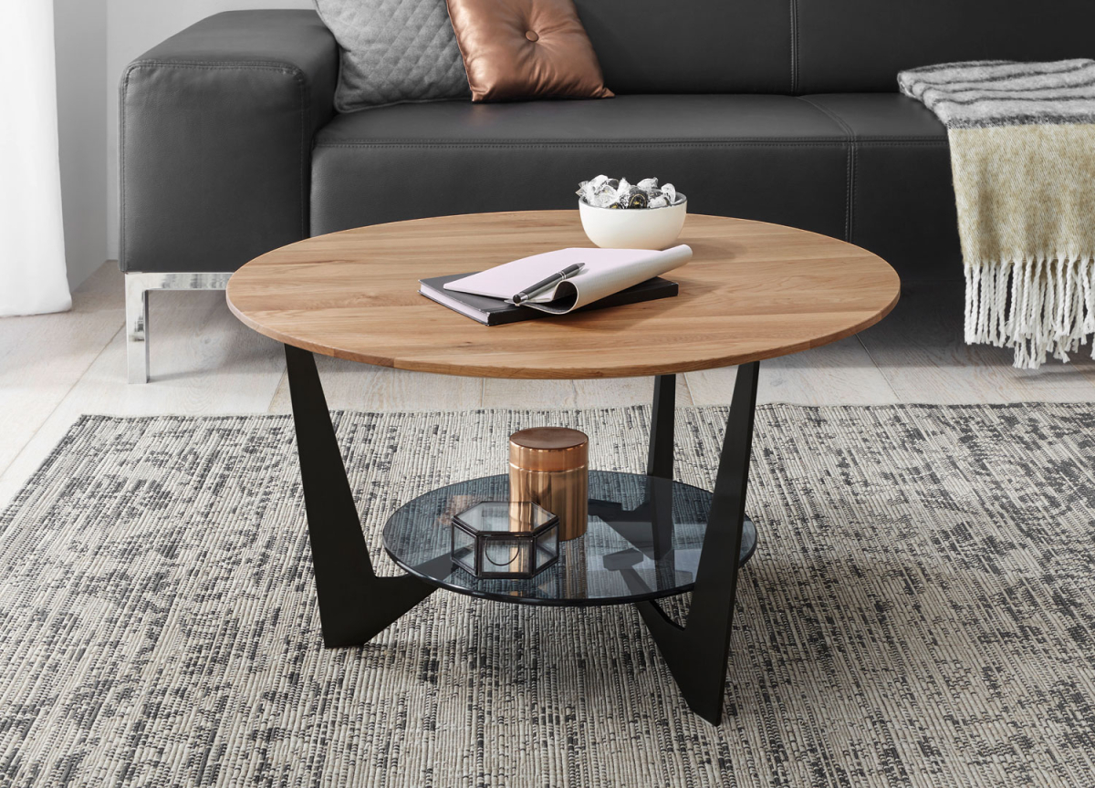 Table basse ronde 70 cm chêne et verre