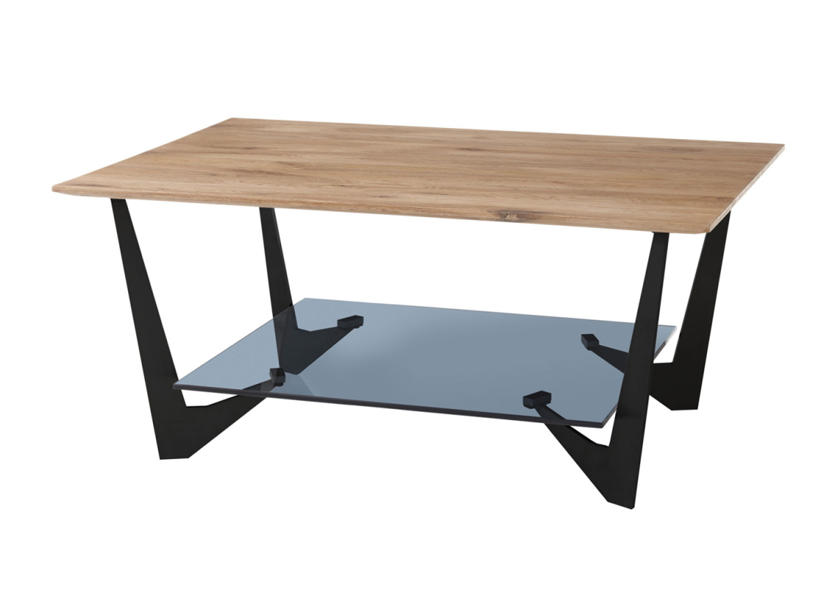 Table basse en chêne 90 cm avec étagère en verre
