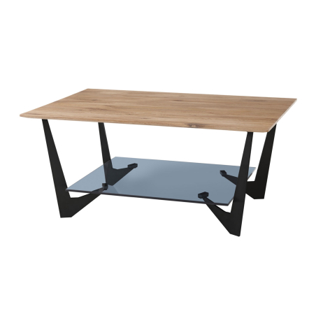 Table basse en chêne 90 cm avec étagère en verre