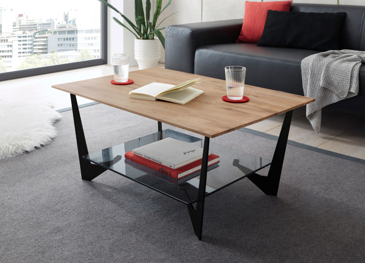 Table basse bois massif métal et verre 90 cm
