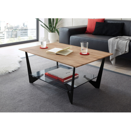 Table basse bois massif métal et verre 90 cm