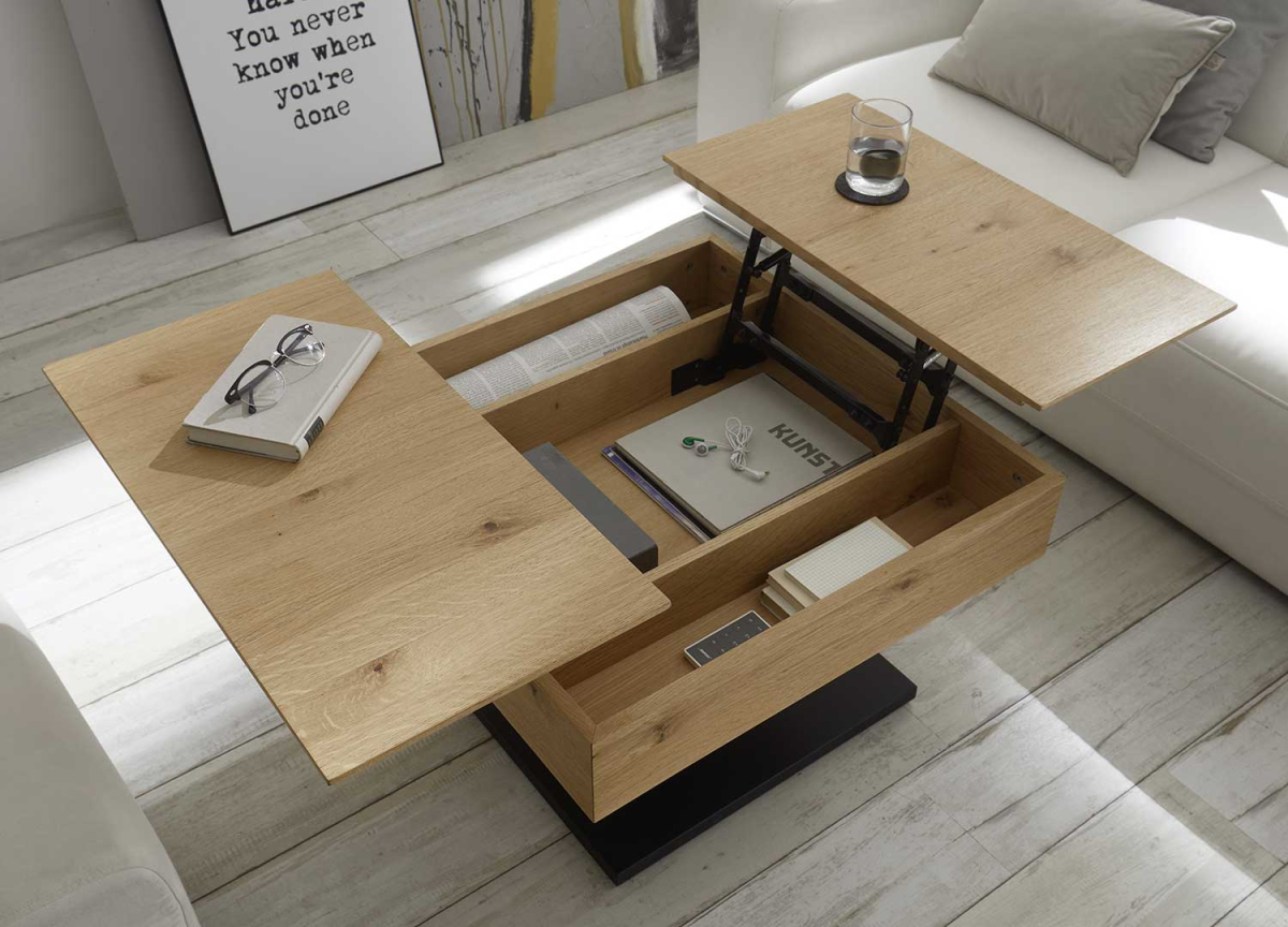 Table basse avec plateaux relevables et rangements intégrés