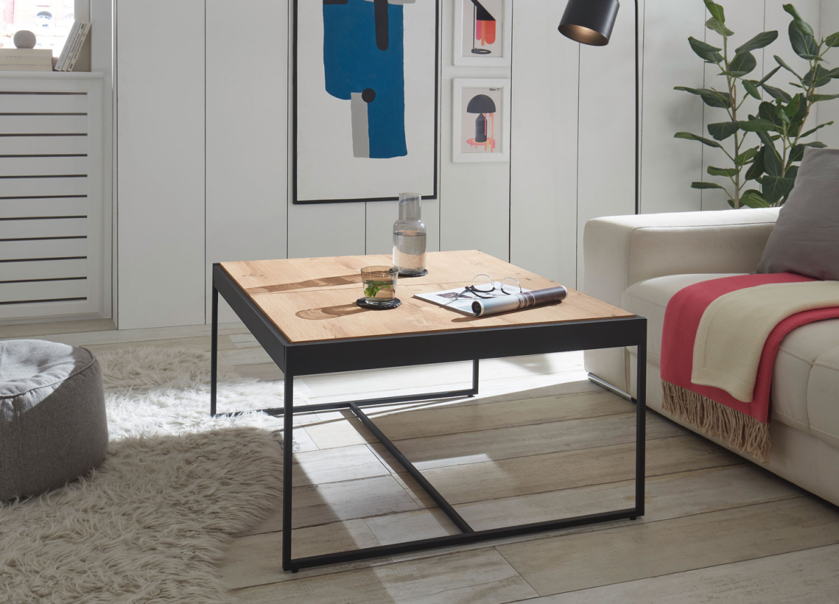 Table basse carrée en bois et métal noir avec plateaux amovibles