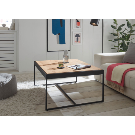 Table basse carrée en bois et métal noir avec plateaux amovibles