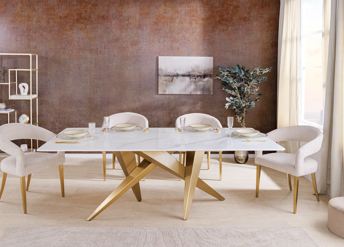 Table à manger design blanc et doré 200 cm