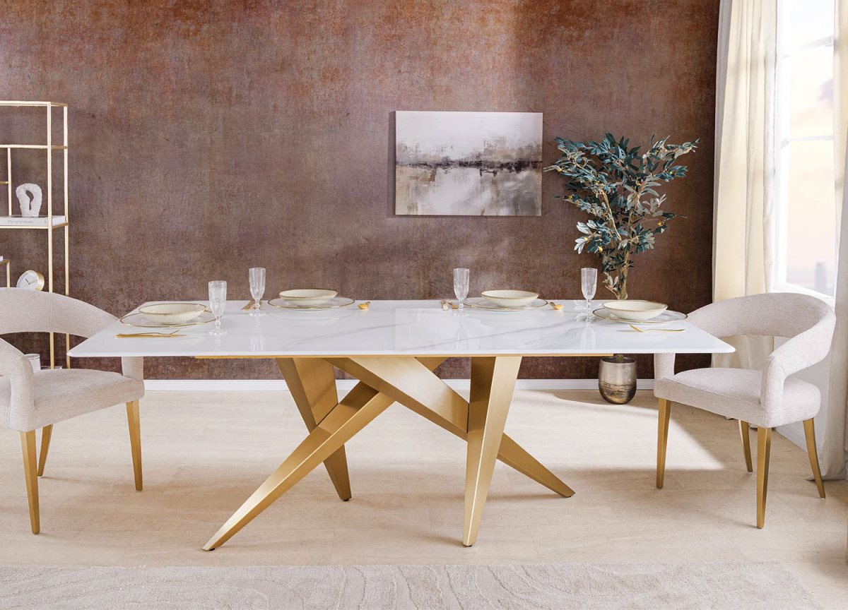 Table repas 200 cm carémique aspect marbre et métal