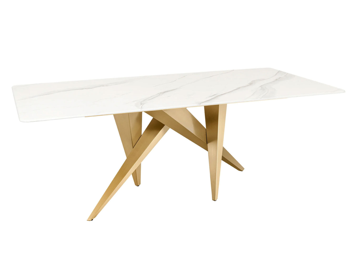 Table à manger design moderne marbre blanc et pieds design doré