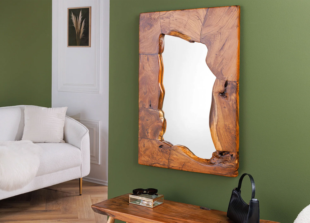 Miroir mural en teck massif 90 cm – Finition naturelle avec nœuds et fissures