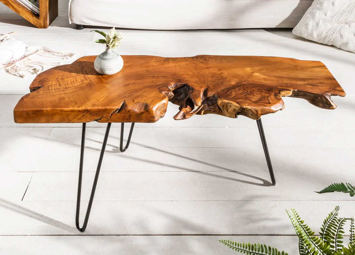 table basse teck avec pieds en métal noir