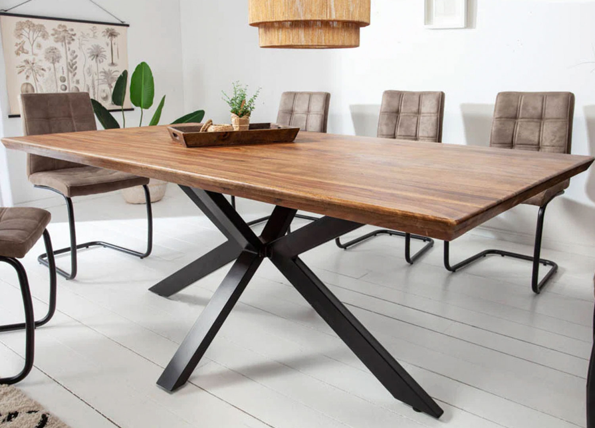Table à manger industrielle 180 cm – Bois massif sesham – Pieds métal noir