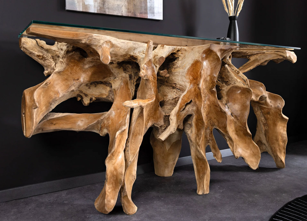 Console en bois de teck naturel et verre trempé – 150 cm