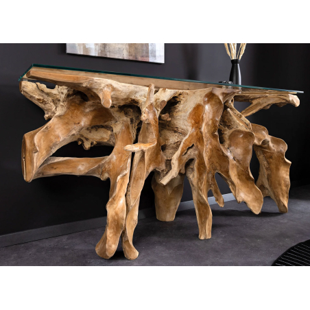 Console en bois de teck naturel et verre trempé – 150 cm