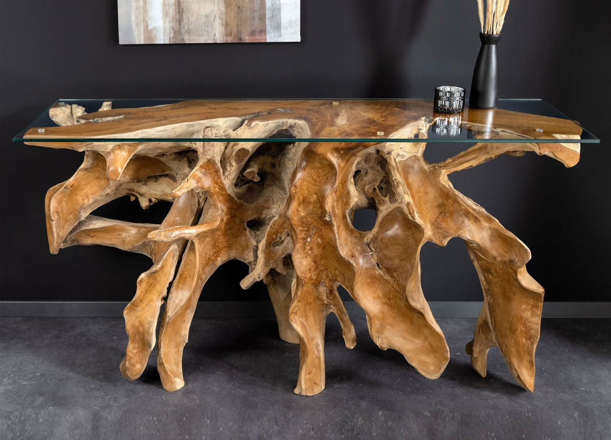 Console design en racine de teck massif et verre transparent