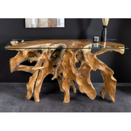 Console design en racine de teck massif et verre transparent