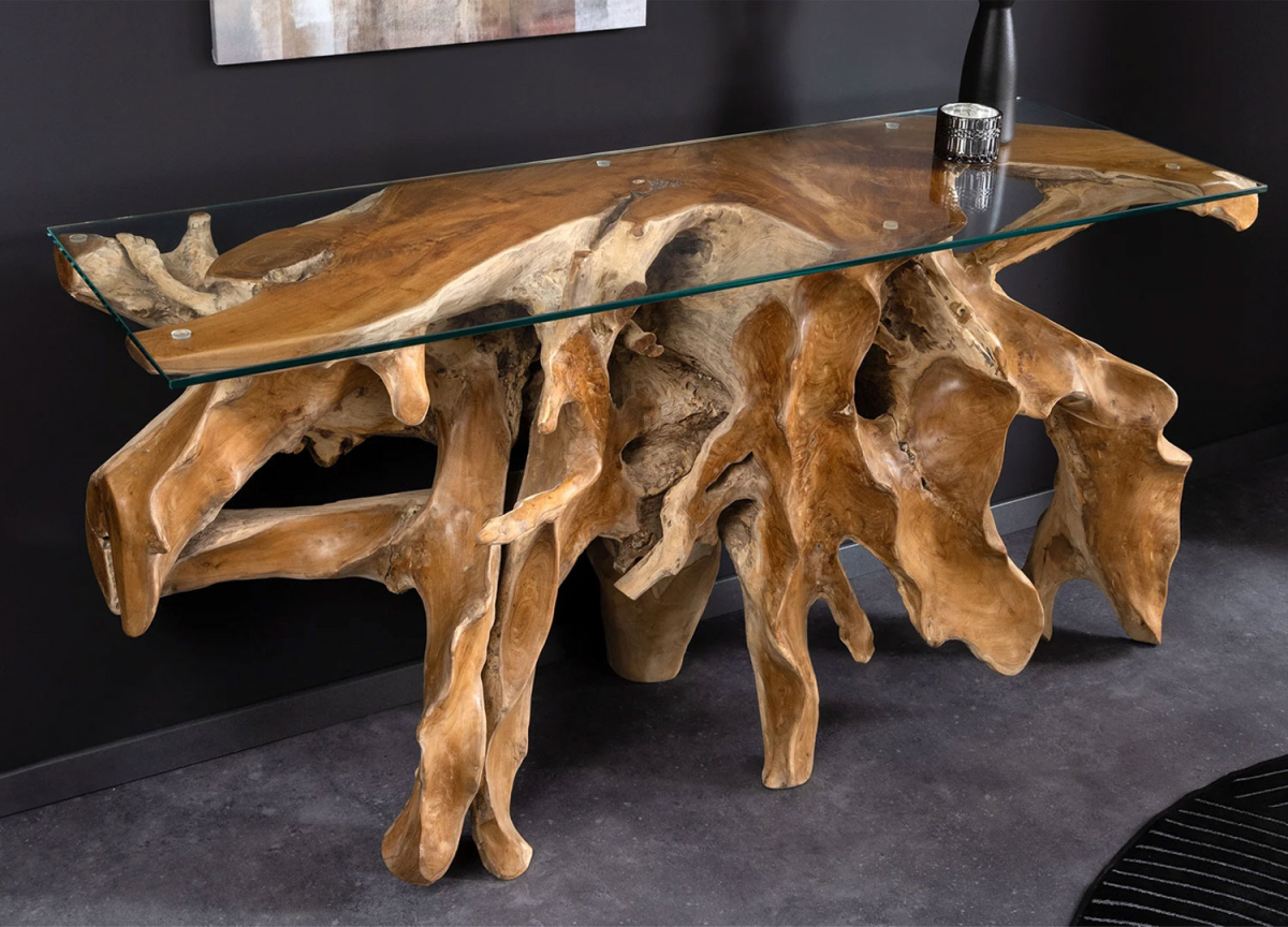 Console en racine de teck avec plateau en verre – 150 cm