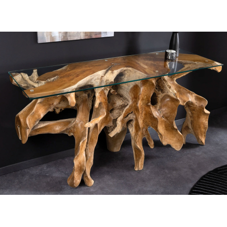 Console en racine de teck avec plateau en verre – 150 cm