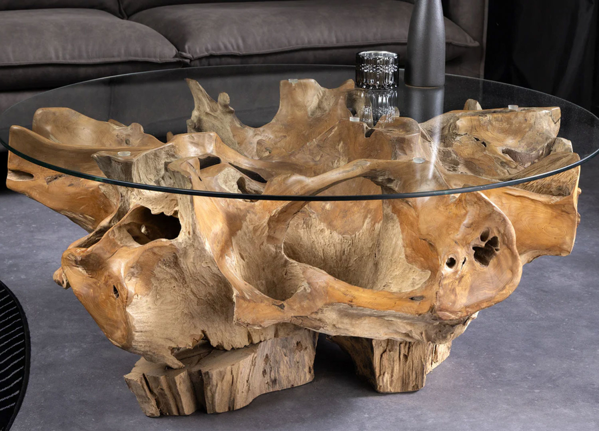 Table basse design naturelle en racine de teck massif – Ø100 cm