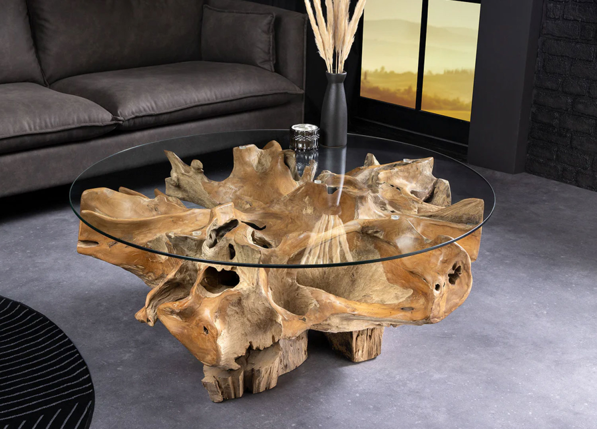 Table basse ronde 100 cm en racine de teck et verre – pièce unique artisanale