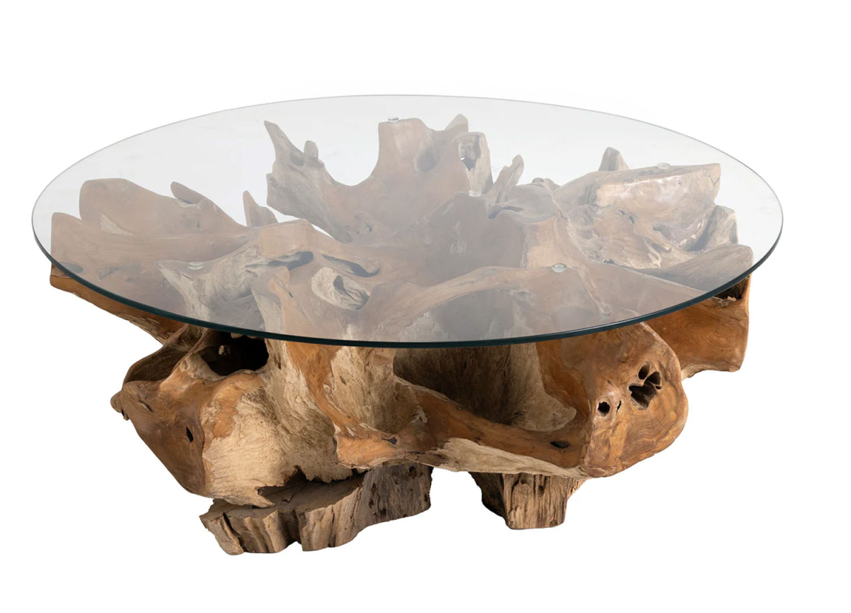 Table basse ronde ethnique chic en teck brut et verre transparent