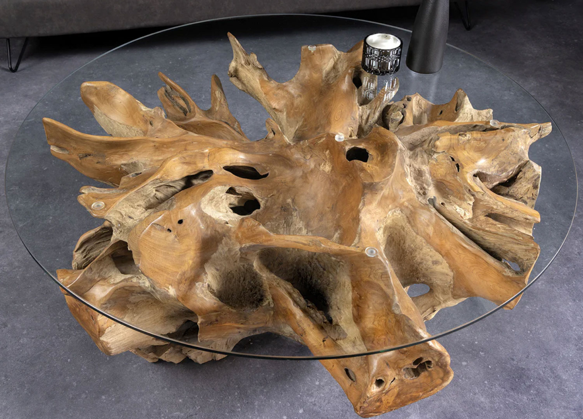 Table basse originale en bois recyclé et verre – racine de teck flotté