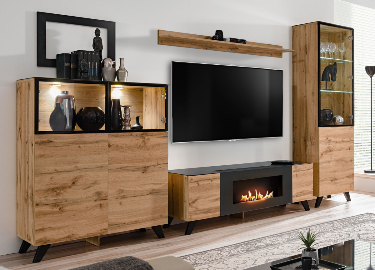 Meuble TV avec Vitrines LED et Cheminée Intégrée