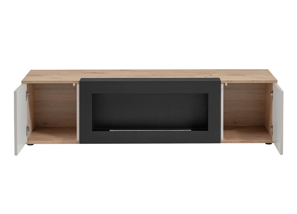 Meuble TV avec cheminée intégrée – 160 cm – Style contemporain bois et cachemire