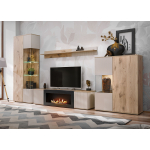 Meuble TV bas avec flamme bioéthanol – Finition bois clair et cachemire