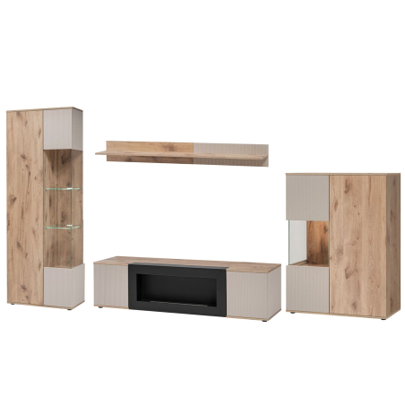 Mur TV Design avec Cheminée Bioéthanol, Vitrines et Rangements