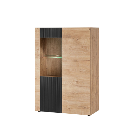 Meuble buffet vitré noir et chêne avec led