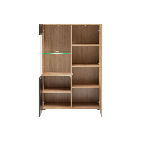 Buffet commode vitré chêne et noir mat avec led