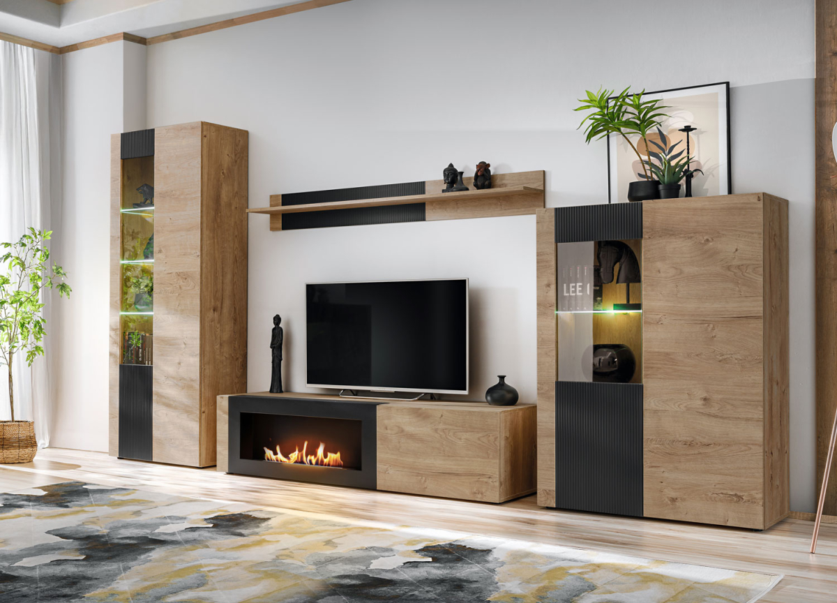 Salon moderne : Ensemble TV design chêne clair et noir avec bio-cheminée