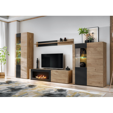 Salon moderne : Ensemble TV design chêne clair et noir avec bio-cheminée
