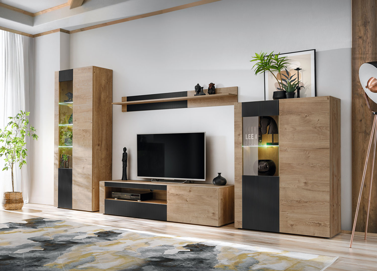 Ensemble TV design chêne et noir mat – Élégance et modernit2