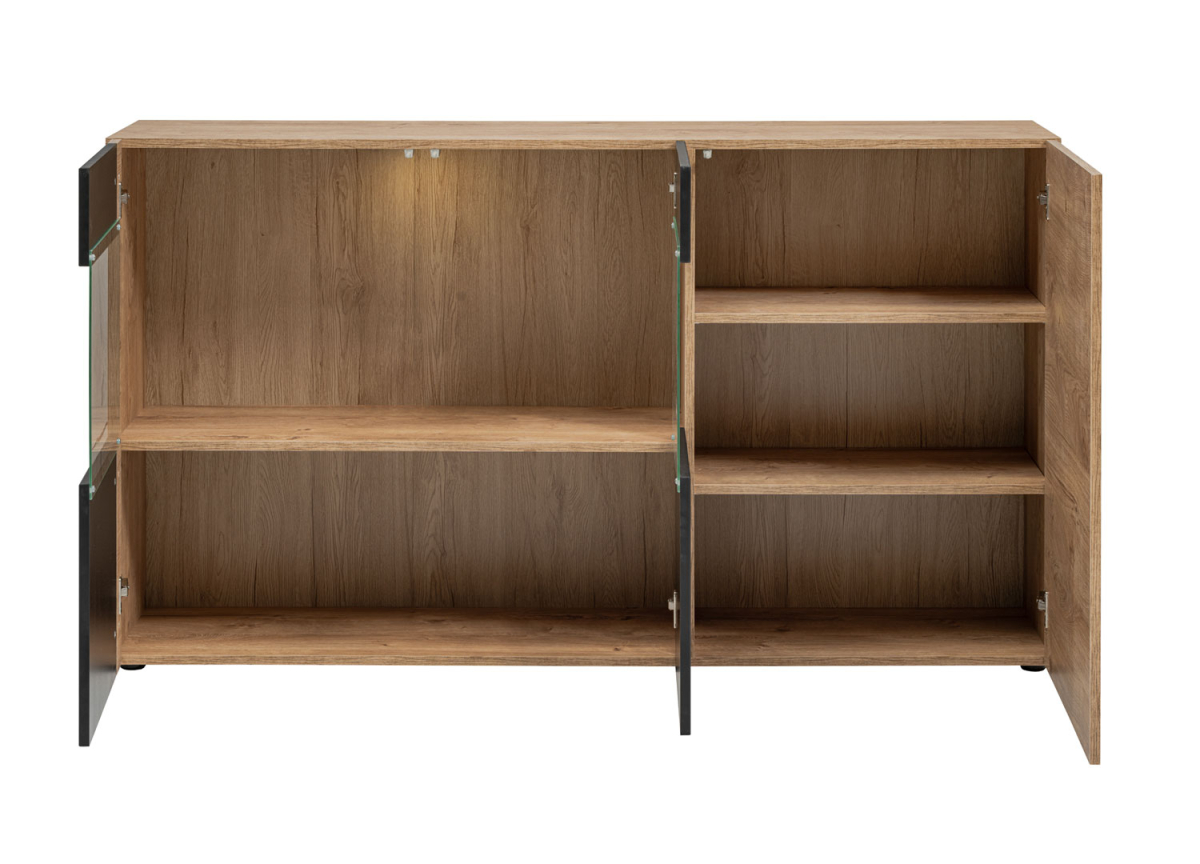 Buffet bas 3 portes avec vitrines et étagères – Style moderne chêne/noir