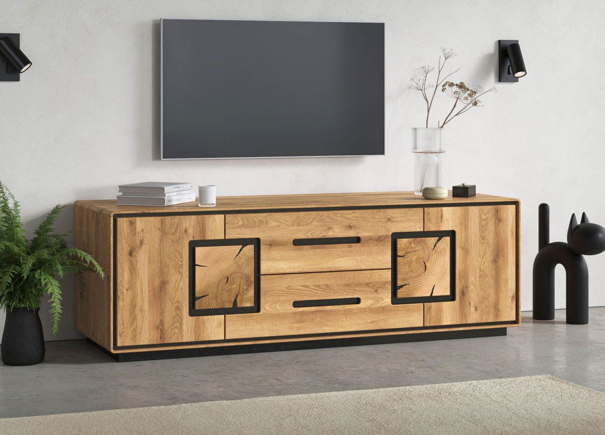 Meuble TV en chêne massif 165 cm – Élégance brute et rangements généreux