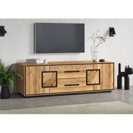 Meuble TV en chêne massif 165 cm – Élégance brute et rangements généreux